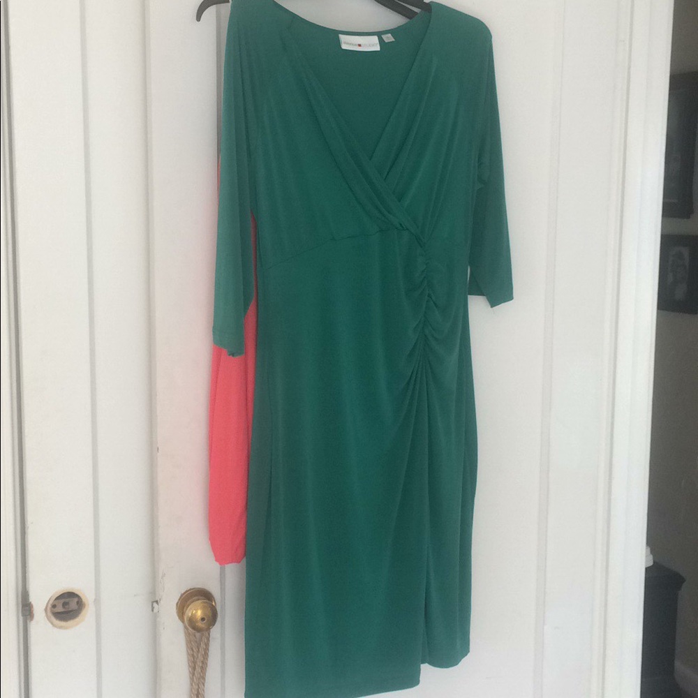 Green v neck faux wrap dress- stretchy/no zippers